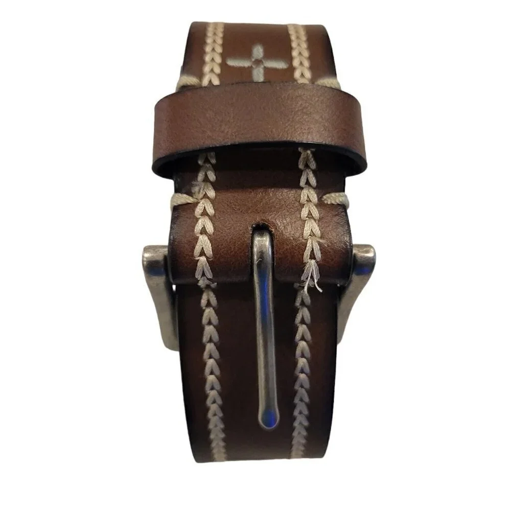 MEN'S Sun Stone Leather Belt With White Trim. Size 42-44.